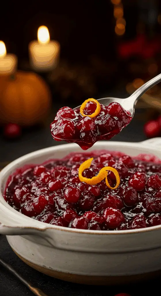 A beautiful, rustic serving bowl of homemade, easy, and elegant Cranberry Sauce, with a glossy, chunky texture and a vibrant, jewel-toned red color.