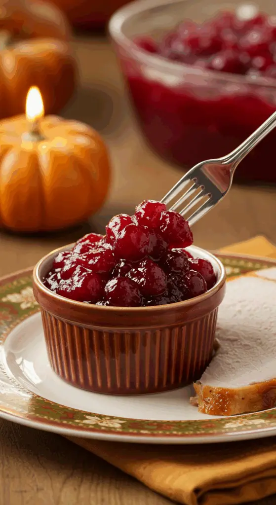 A beautiful plate with a homemade, elegant, and chunky Cranberry Sauce, being served with a thick slice of a roasted turkey at a Thanksgiving dinner.