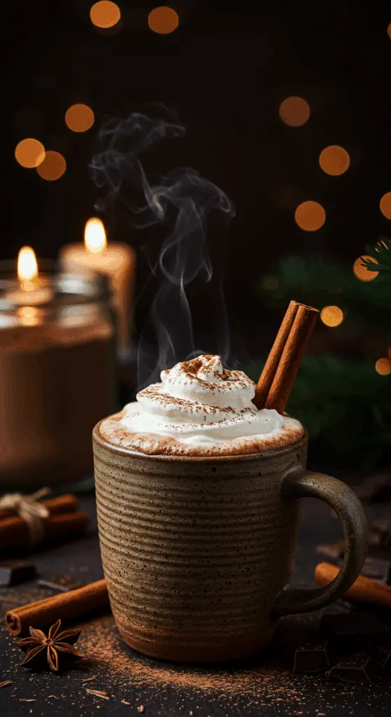 A beautiful, rustic mug of homemade, rich, and creamy Hot Cocoa, topped with whipped cream and sitting next to a glass jar of the homemade mix.