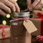 A pair of hands tying a festive, red ribbon and a gift tag around a glass Mason jar filled with a dark brown, homemade hot cocoa mix, as a homemade Christmas gift.