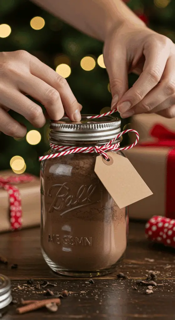A pair of hands tying a festive, red ribbon and a gift tag around a glass Mason jar filled with a dark brown, homemade hot cocoa mix, as a homemade Christmas gift.