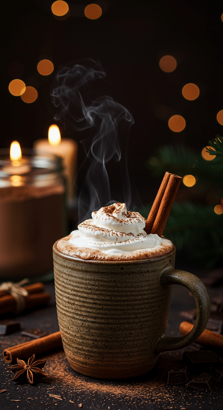 A beautiful, rustic mug of homemade, rich, and creamy Hot Cocoa, topped with whipped cream and sitting next to a glass jar of the homemade mix.
