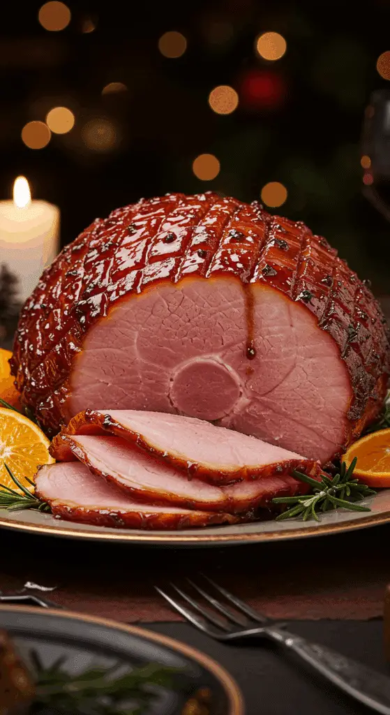 A beautiful, elegant platter with a homemade, juicy, and impressive Holiday Honey-Glazed Ham, with a glossy, dark glaze, studded with cloves, and a juicy, pink slice cut from the end.