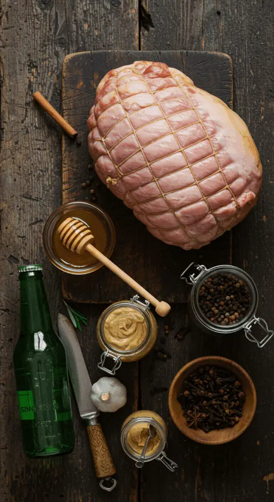 The simple, from-scratch ingredients for the classic and impressive Holiday Honey-Glazed Ham.