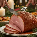 The whole, homemade, impressive, and glazed Honey-Glazed Ham being carved as the centerpiece at a fun and sophisticated Christmas party.