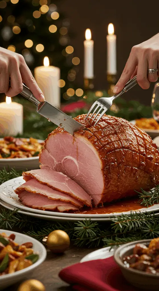 The whole, homemade, impressive, and glazed Honey-Glazed Ham being carved as the centerpiece at a fun and sophisticated Christmas party.