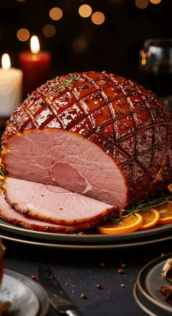 A beautiful, elegant platter with a homemade, juicy, and impressive Holiday Honey-Glazed Spiced Ham, with a glossy, dark glaze and a juicy, pink slice cut from the end.