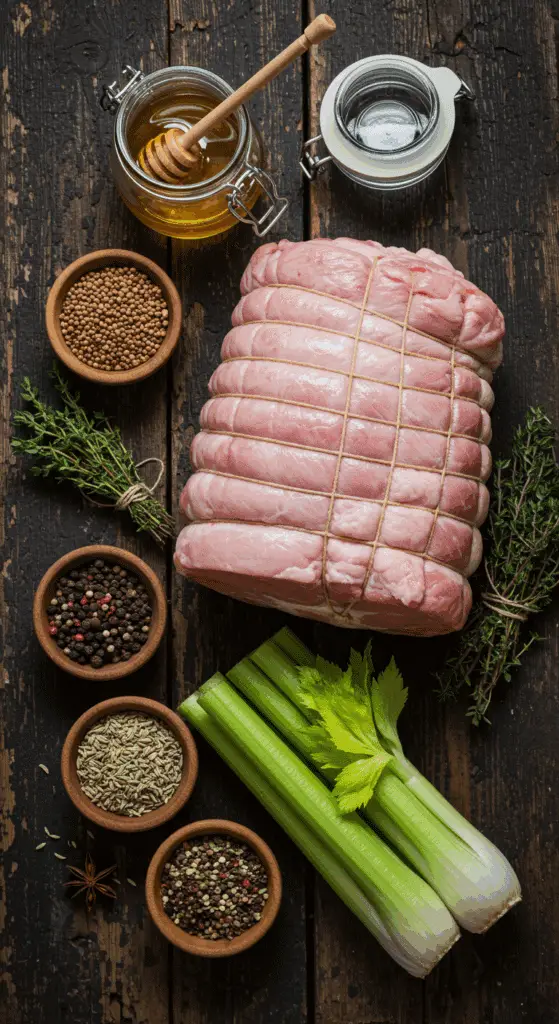 The simple, from-scratch ingredients for the classic and impressive Holiday Honey-Glazed Spiced Ham.