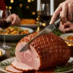 vThe whole, homemade, impressive, and glazed Honey-Glazed Spiced Ham being carved as the centerpiece at a fun and sophisticated Christmas party.