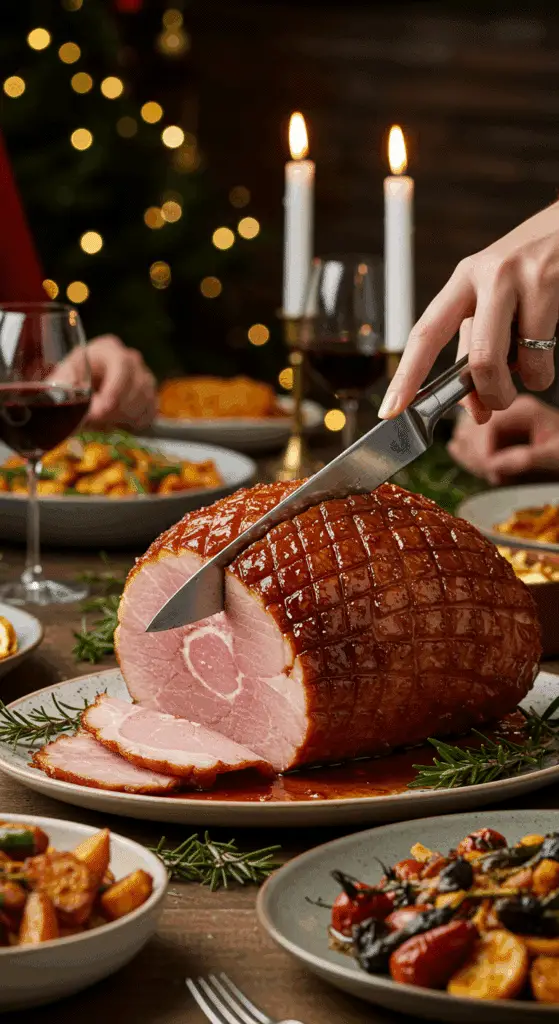 vThe whole, homemade, impressive, and glazed Honey-Glazed Spiced Ham being carved as the centerpiece at a fun and sophisticated Christmas party.