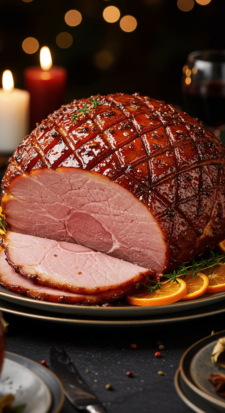 A beautiful, elegant platter with a homemade, juicy, and impressive Holiday Honey-Glazed Spiced Ham, with a glossy, dark glaze and a juicy, pink slice cut from the end.