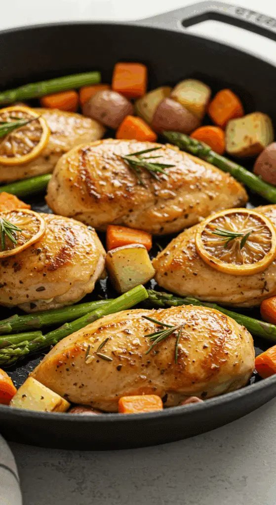 A beautiful, rustic cast-iron skillet of homemade, golden-brown One-Pan Honey Rosemary Chicken, with a glossy honey sauce, roasted potatoes, carrots, and asparagus.