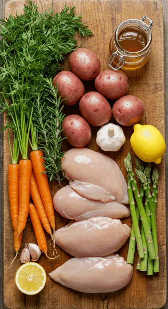 The simple, fresh ingredients for the easy and healthy One-Pan Honey Rosemary Chicken and Vegetables recipe.