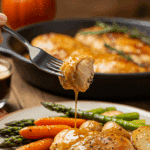 A healthy dinner plate with a serving of homemade, saucy One-Pan Honey Rosemary Chicken and roasted vegetables for a cozy meal.