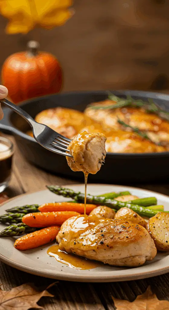 A healthy dinner plate with a serving of homemade, saucy One-Pan Honey Rosemary Chicken and roasted vegetables for a cozy meal.