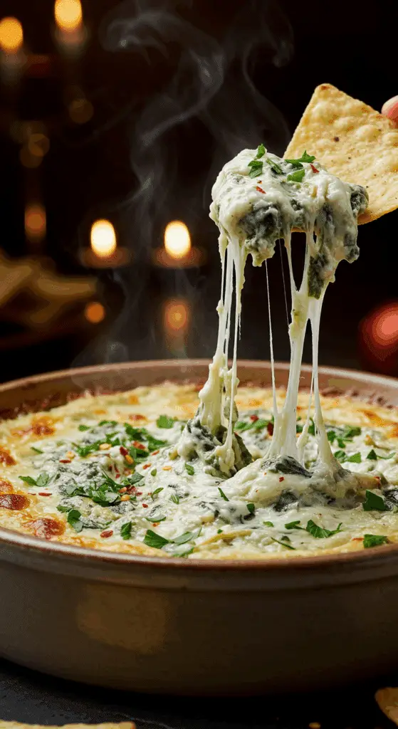 A beautiful, rustic serving bowl of homemade, easy, and elegant Hot Spinach and Artichoke Dip, with a creamy texture and an epic, gooey cheese pull from a tortilla chip.