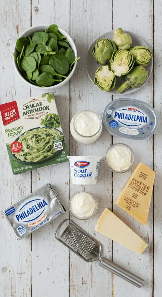 The simple, from-scratch ingredients for the classic and impressive Holiday Hot Spinach and Artichoke Dip.