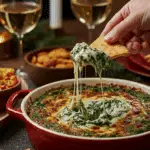 The impressive, homemade bowl of creamy and hot Spinach and Artichoke Dip being served as the centerpiece at a sophisticated holiday party.