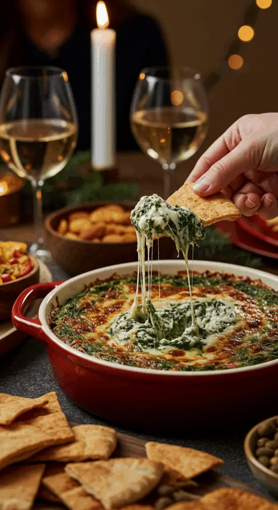 The impressive, homemade bowl of creamy and hot Spinach and Artichoke Dip being served as the centerpiece at a sophisticated holiday party.