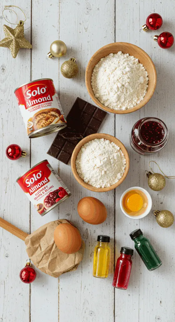 The simple, from-scratch ingredients for the festive and impressive Italian Rainbow Cookie Cake.