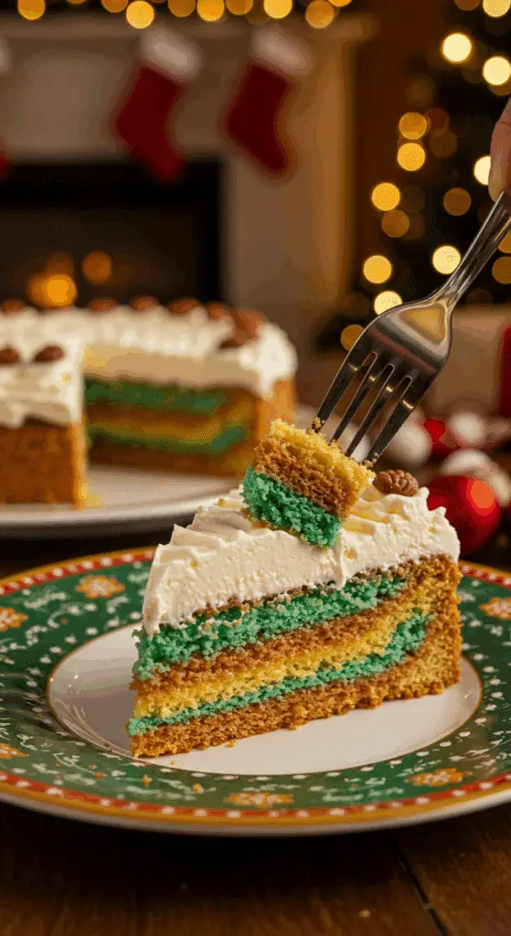 A beautiful plate with a homemade, festive, and layered slice of an Italian Rainbow Cookie Cake being served for a holiday dessert.