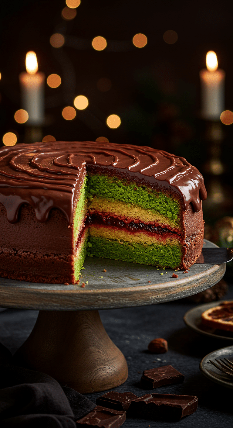 A beautiful, elegant cake stand with a homemade, festive Italian Rainbow Cookie Cake, with a dark chocolate ganache and a perfect, colorful, tri-layer slice cut from it.