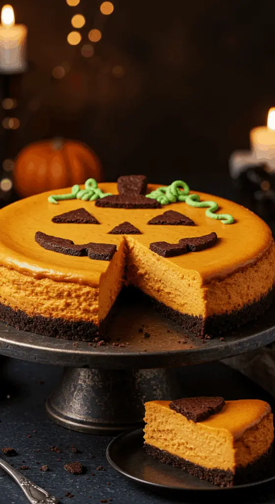 A beautiful, rustic cake stand with a homemade, spooky, and fun Jack-o'-Lantern Cheesecake, with a brownie crust and a brownie face decoration on top.