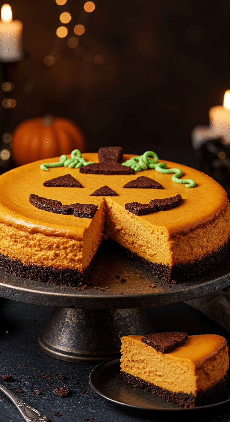 A beautiful, rustic cake stand with a homemade, spooky, and fun Jack-o'-Lantern Cheesecake, with a brownie crust and a brownie face decoration on top.