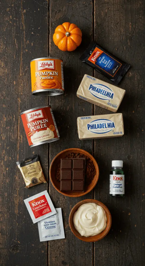 The simple, from-scratch ingredients for the easy and spooky Jack-o'-Lantern Cheesecake with a brownie crust.