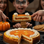 The whole, homemade, spooky, and orange Jack-o'-Lantern Cheesecake being served as the centerpiece at a fun and casual Halloween party.