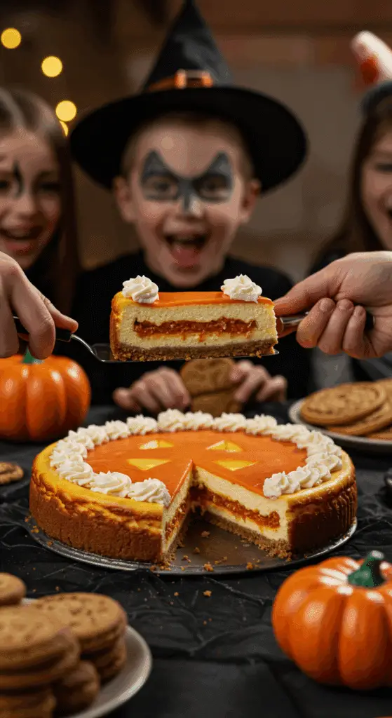 The whole, homemade, spooky, and orange Jack-o'-Lantern Cheesecake being served as the centerpiece at a fun and casual Halloween party.
