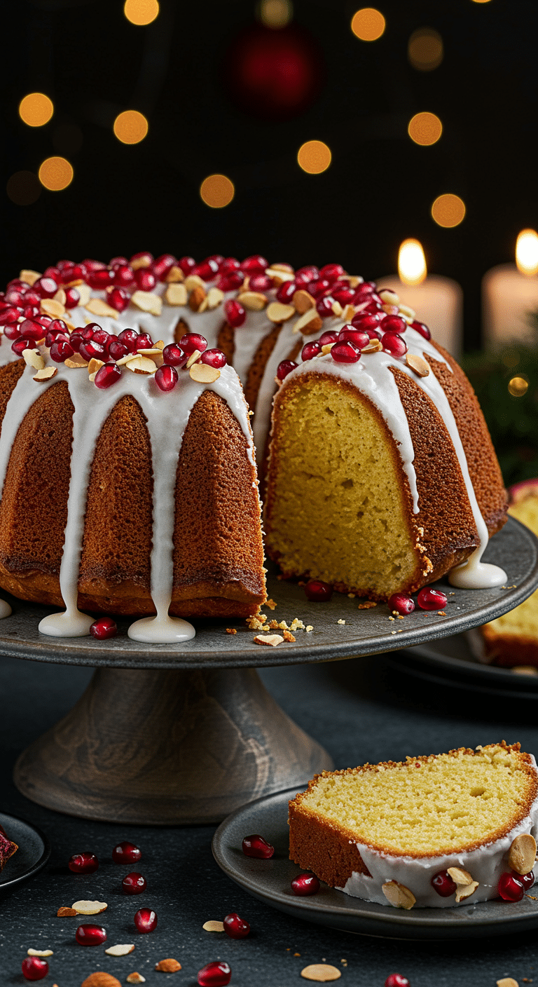 A beautiful, elegant cake stand with a homemade, festive 'Jingle Bell' Bundt Cake, with a white glaze, a moist crumb, and a sparkling, pomegranate and almond topping.