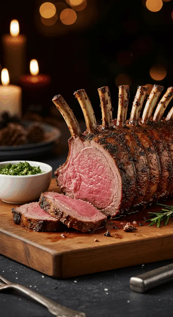 A beautiful, rustic cutting board with a homemade, juicy, and impressive Holiday Lamb Crown Roast, with a crispy, dark spice crust and a perfect, rosy-pink, medium-rare interior.