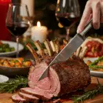 The whole, homemade, impressive, and crusted Lamb Crown Roast being carved as the centerpiece at a fun and sophisticated Christmas party.