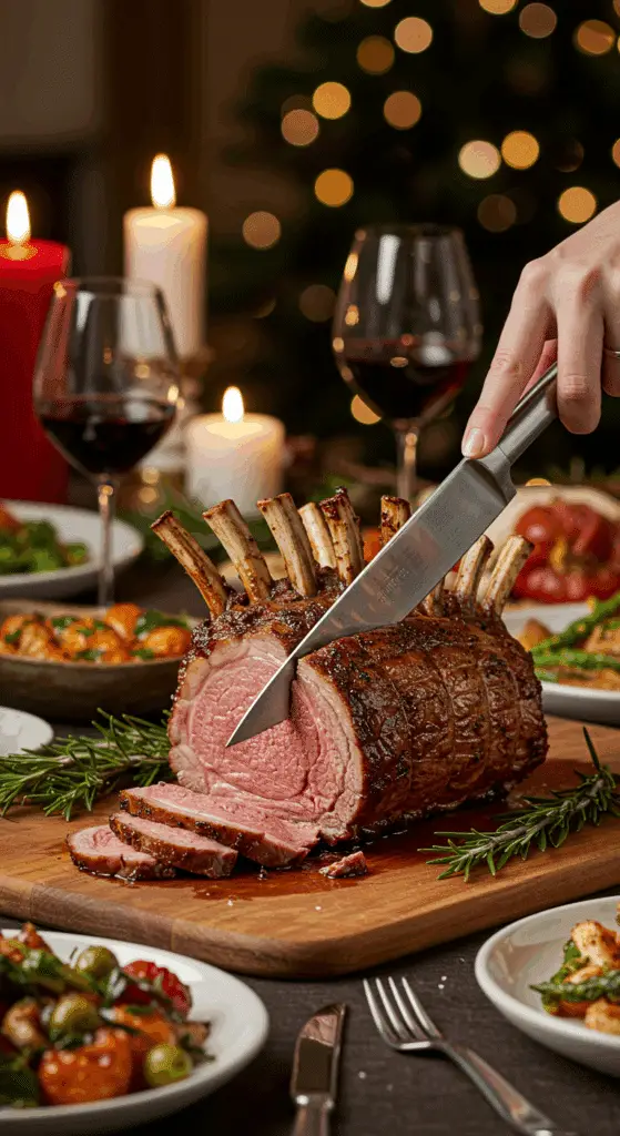 The whole, homemade, impressive, and crusted Lamb Crown Roast being carved as the centerpiece at a fun and sophisticated Christmas party.