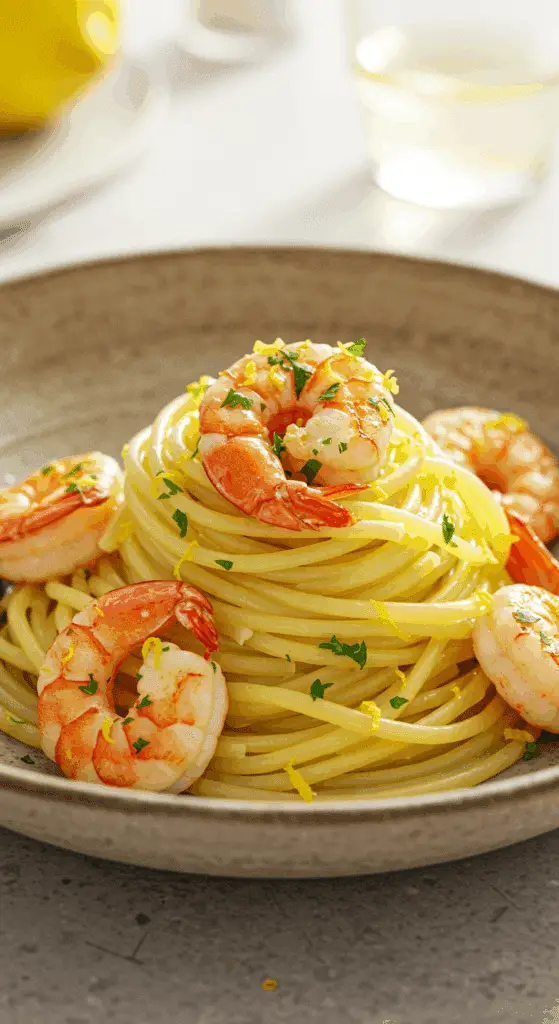 A beautiful, rustic bowl of homemade, easy, and elegant Lemon Pasta with Roasted Shrimp, with a glossy lemon butter sauce and fresh parsley.