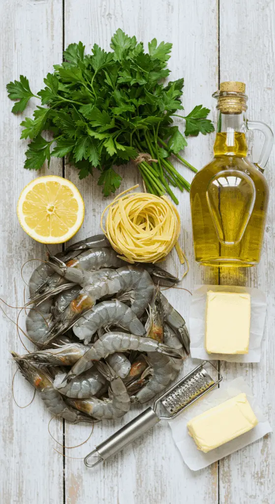 The simple, from-scratch ingredients for the classic and easy Lemon Pasta with Roasted Shrimp.