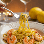 An elegant plate of homemade, creamy Lemon Pasta with Roasted Shrimp being enjoyed for a sophisticated and romantic, candlelit dinner.