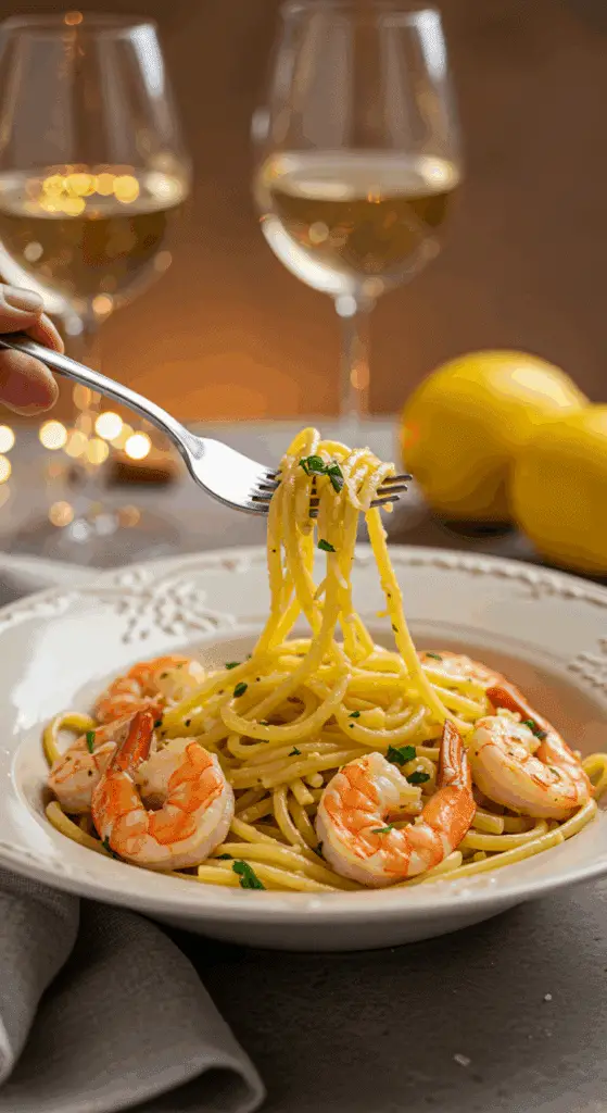 An elegant plate of homemade, creamy Lemon Pasta with Roasted Shrimp being enjoyed for a sophisticated and romantic, candlelit dinner.