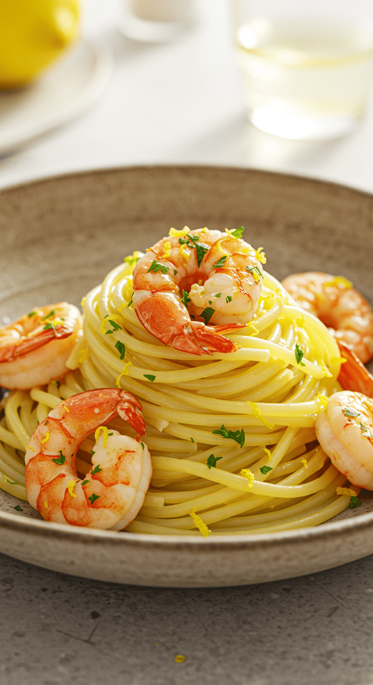 A beautiful, rustic bowl of homemade, easy, and elegant Lemon Pasta with Roasted Shrimp, with a glossy lemon butter sauce and fresh parsley.
