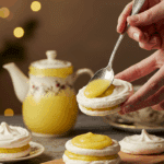A hand using a small spoon to spread a vibrant yellow lemon curd onto the flat side of a crisp, white meringue shell to create a sandwich cookie.