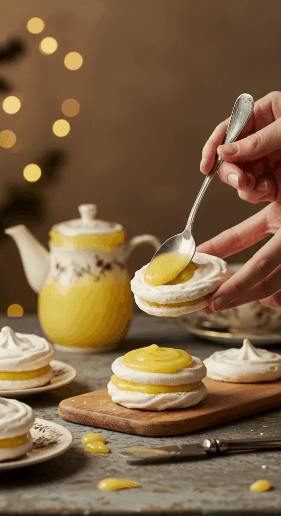 A hand using a small spoon to spread a vibrant yellow lemon curd onto the flat side of a crisp, white meringue shell to create a sandwich cookie.