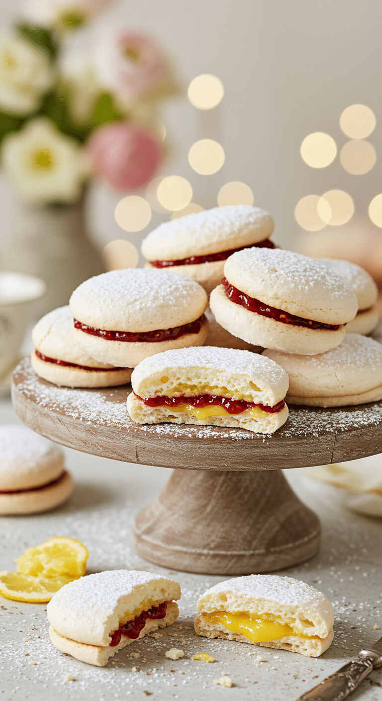 A beautiful, elegant cake stand with a platter of homemade, festive, and light Meringue Sandwich Cookies, filled with a vibrant red jam and a pale yellow lemon curd.