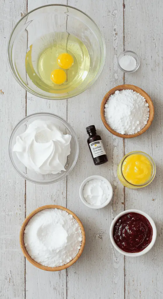The simple, from-scratch ingredients for the classic and elegant Meringue Sandwich Cookies.