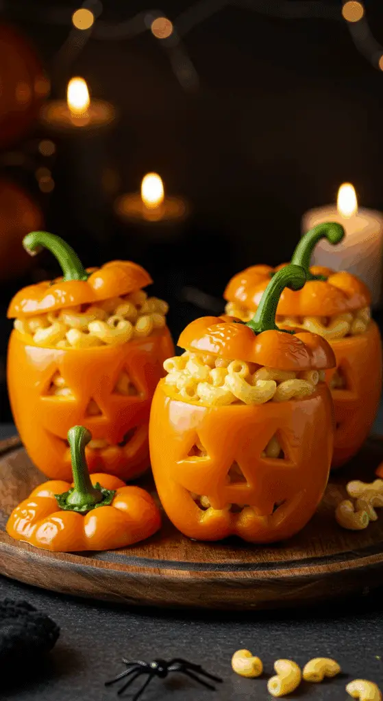 A beautiful, rustic platter of homemade, spooky, and fun Mac-O'-Lanterns, which are carved orange bell peppers overflowing with creamy macaroni and cheese.