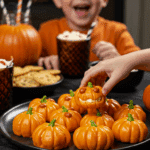 A large platter of homemade, spooky, and adorable Mac-O'-Lanterns being served at a fun and casual Halloween party.