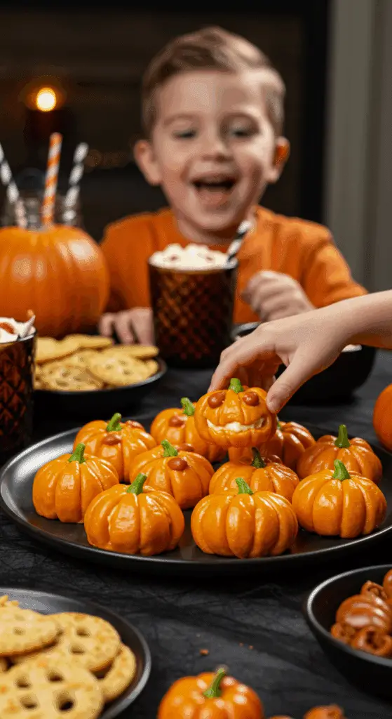 A large platter of homemade, spooky, and adorable Mac-O'-Lanterns being served at a fun and casual Halloween party.