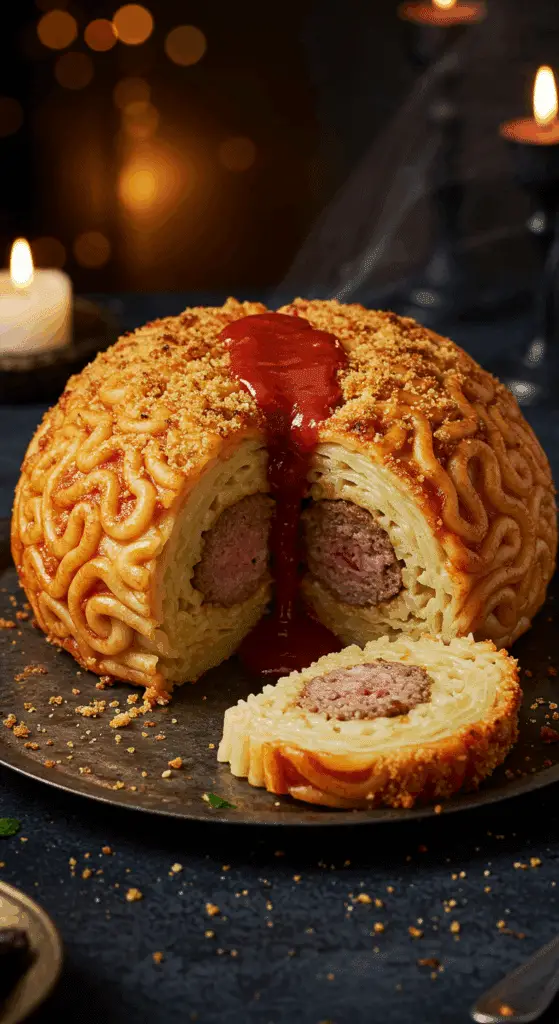 A beautiful, rustic platter with a homemade, spooky, and gory Meatball-Stuffed Pasta Brain, with a slice cut to show the hidden meatball filling and a "bloody" marinara sauce.