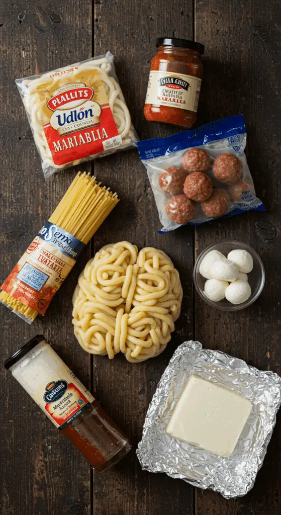 The simple, shortcut ingredients for the easy and spooky Meatball-Stuffed Pasta Brain recipe.