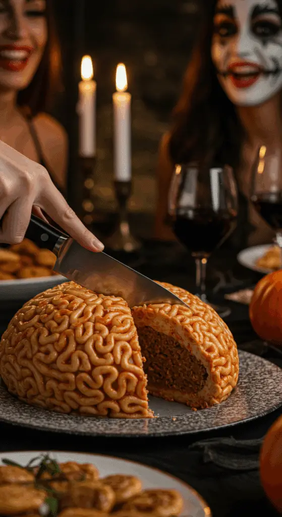 The whole, homemade, spooky, and "bloody" Pasta Brain being served as the centerpiece at a fun and sophisticated Halloween party.